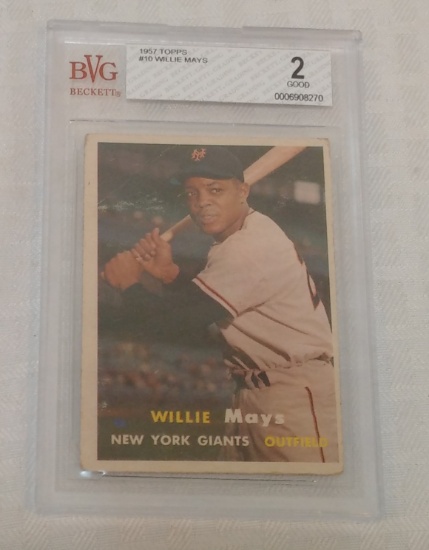 Vintage 1957 Topps Baseball Card #10 Willie Mays Giants Mets HOF Beckett GRADED 2 Good Slabbed BVG