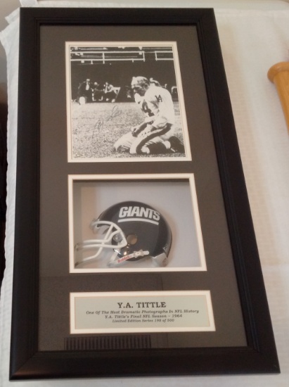 Y.A. Tittle Autographed Signed Photo Shadowbox Display Mini Helmet NFL Giants Stacks Plaques 15x27