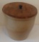 Vintage Salt Glaze Stoneware Jug Crock w/ Wooden Lid 9'' Some Chips