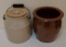 2 Vintage Stoneware Small Crock Lot Gray 6'' Handle Lid Brown Salt Glaze 5''Storage Chips