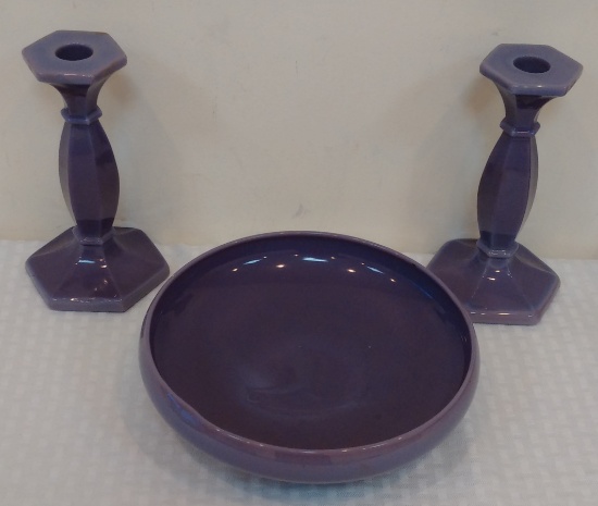 Vintage Cambridge Helio Purple Candlestick Dish Bowl 3 Piece Set Glass Heliotrope Lilac Opaque 8''