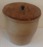 Vintage Salt Glaze Stoneware Jug Crock w/ Wooden Lid 9'' Some Chips