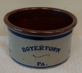Boyertown PA City Promo Crock Planter Bowl Dish 7'' Stoneware Blue Painted Collectible