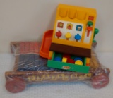 Vintage Wooden Playskool Wagon w/ Wheels Blocks Parts & Fisher Price Cash Register Complete Coins