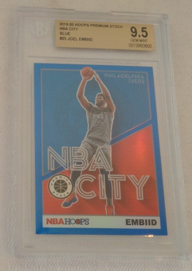 2019-20 NBA Hoops Premium Stock NBA City Blue Insert Basketball Card Joel Embiid 76ers BGS 9.5 GEM