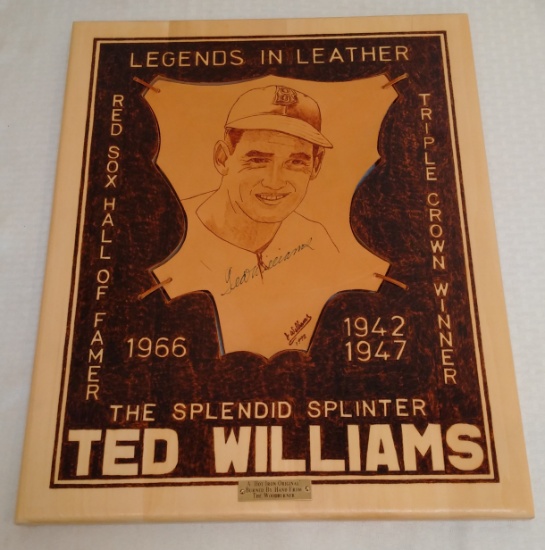 Ted Williams Leather Autographed Signed Wooden Display Woodburner Hot Iron Original COA 16x20 RedSox