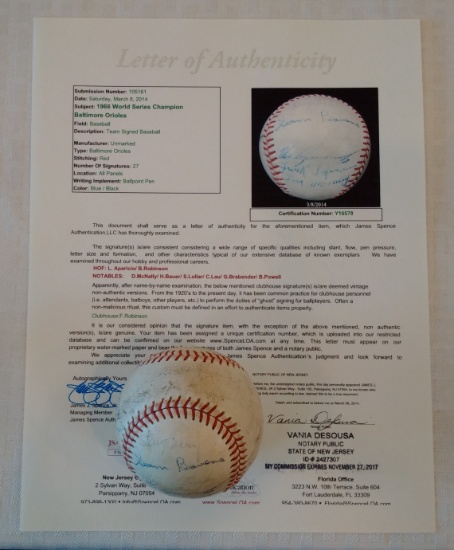 1966 Baltimore Orioles Team Signed Autographed MLB Baseball JSA LOA World Champions Brooks Aparicio