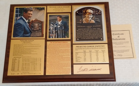 1990s Ted Williams Stat Plaque Autographed Signed Cut Red Sox Hitters HOF Limited DM COA 14x16 MLB