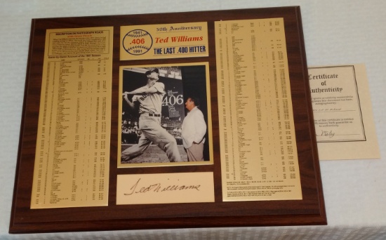 1990s Ted Williams Stat Plaque 50th Autographed Signed Cut Red Sox Hitters HOF Limited DM COA 14x16