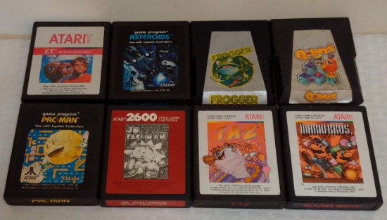 8 Vintage 1980s Atari 2600 Video Game Cartridge Lot Super Mario Bros Taz QBert Pac Man Jr E.T.