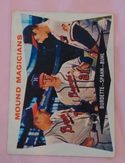 Vintage 1960 Topps MLB Baseball Combo Card #230 Mound Magicians Burdette Spahn Buhl