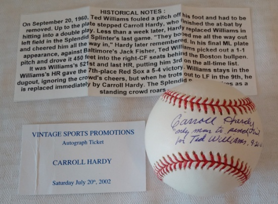 Carroll Hardy Autographed Signed ROMLB Red Sox Ted Williams Pinch Hit Inscription St COA