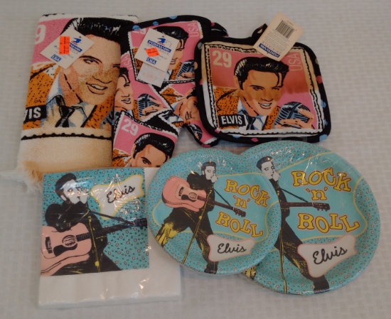 Elvis Presley Collectible Lot New Sealed USPS Stamp Kitchen Set Mitt & Hallmark Plates Napkins