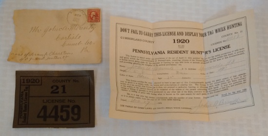 Antique Original PA Hunting License Tag Cloth Canvas w/ Original Receipt Letter Envelope Cumberland