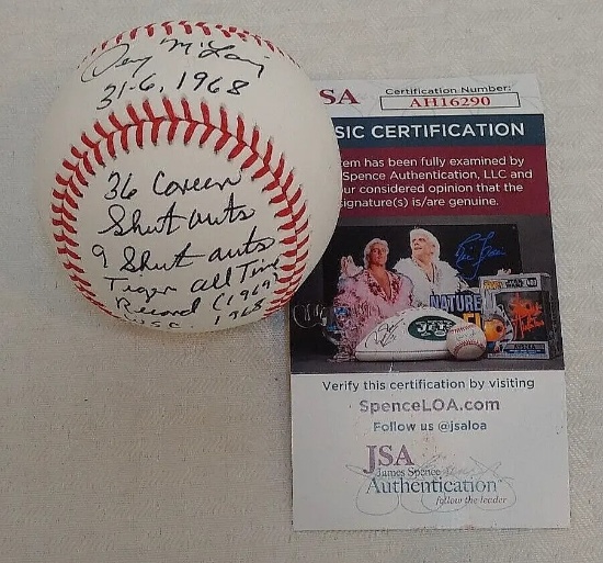 Denny McLain Autographed Signed ROMLB Baseball Stat Ball JSA Tigers 5 Inscriptions MLB