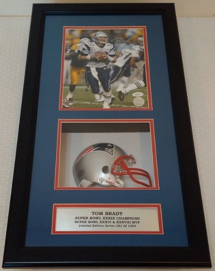 Tom Brady Autographed Signed 8x10 Photo JSA Framed Matted Shadowbox Helmet NFL Patriots 15x27"
