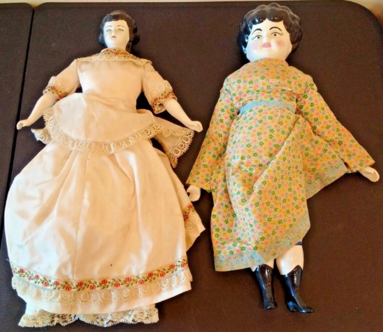 2 Antique Victorian 15/16'' Lady Woman Women Doll Pair Lot Ceramic Head Cloth Body Clothes Early