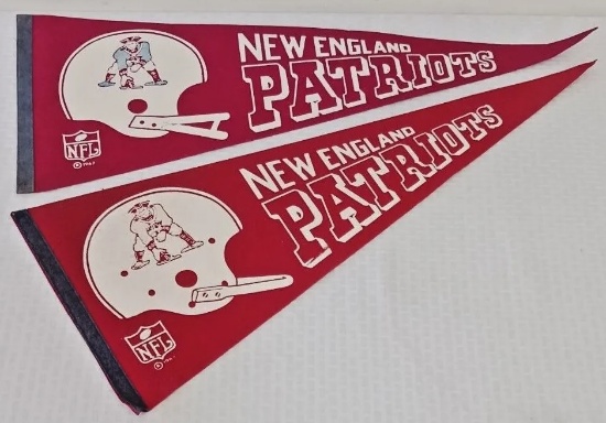 2 Vintage 1967 New England Patriots Full Size Pennant Lot Pair 1 2 Bar Helmets NFL Football 12x30