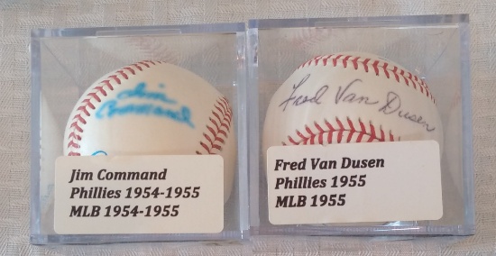 2 Autographed Signed MLB Baseball Lot Phillies Jim Command & Fred Van Dusen