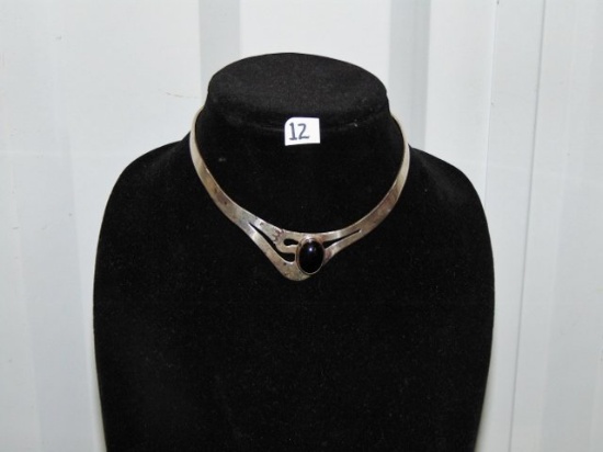 Vtg Heavy Sterling Silver Choker Necklace W/ Black Stone