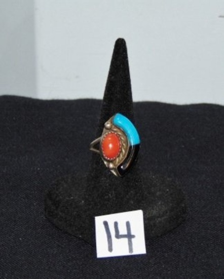 Vtg Sterling Silver Ring W/ 1 Each Coral, Black Onyx & Turqoise Stones