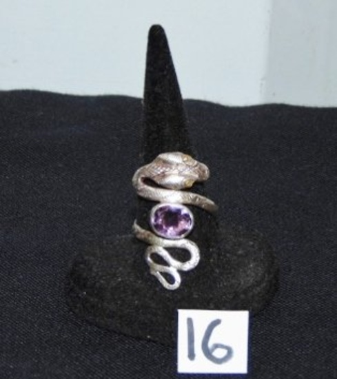 Vtg Sterling Silver Snake Ring W/ Purple Amethyst Stone