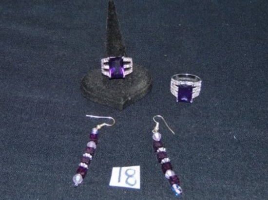 2 Identical Sterling Silver Rings W/ Purple Amethyst Faceted Stones & Matching