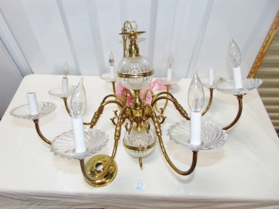 Beautiful 8 Light Brass & Glass Chandelier