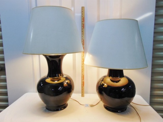 Matching Set Of Vtg Brass & Porcelain Large Double Light Lamps & Adjustable