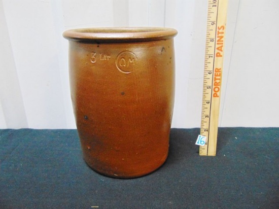 Vtg 3 Liter Pottery Crock Marked Q M In A Circle