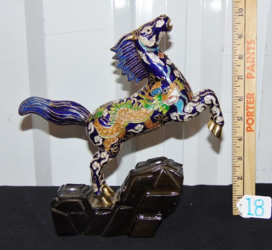 Vtg Rearing Cloisonne Horse W/ Custom Wood Stand