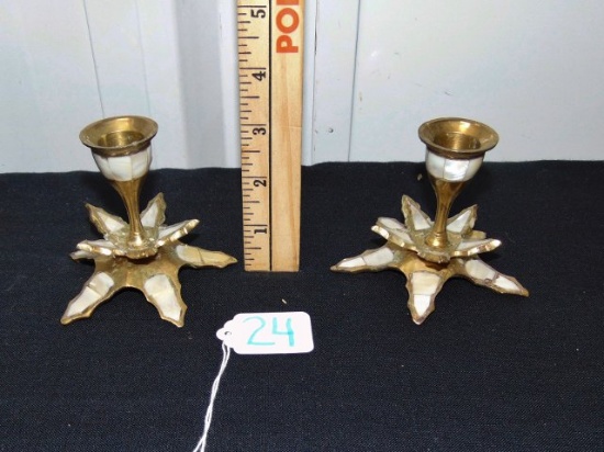 Pair Of Vtg Matching Brass Candle Holders W/ Mother Of Pearl Inlay