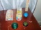 Vtg Toy Lot: Wooden Top; Wooden Yoyo, Duncan Imperial Yoyo & 2 Acrylic Hand Pinball Games