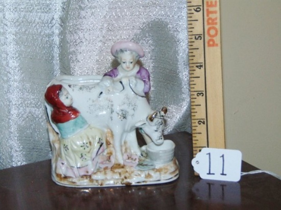 Vtg Porcelain Woman & Man Milking Cow Planter