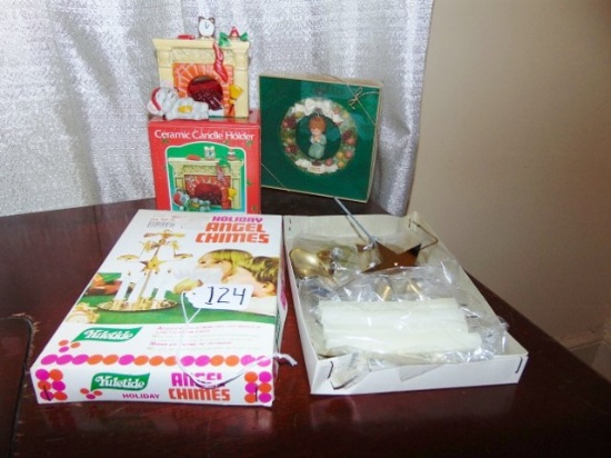 Three N I B Christmas Items: 1977 Hallmark Tree Ornament, Table Top Angel Chimes &
