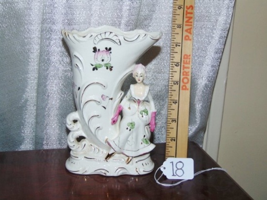 Vtg Porcelain Victorian Lady Posing On A Cornucopia Planter