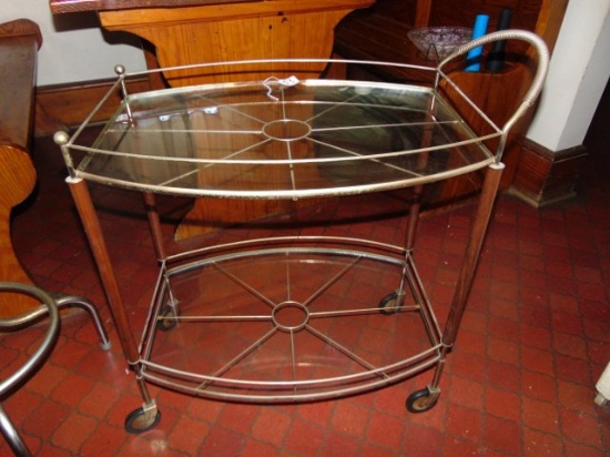 Vtg Mid Century Glass & Metal Rolling Serving Cart
