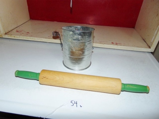 Vtg Green Handle All Wood Rolling Pin & A Bromwell's Sifter