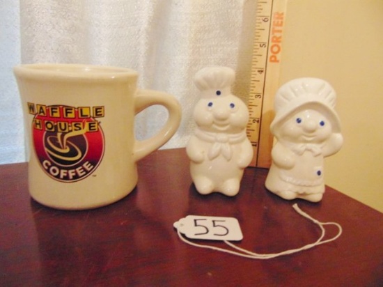 Vtg 1988 Pillsbury Poppin Fresh Doughboy Salt & Pepper Shakers & A Thick Waffle House Mug