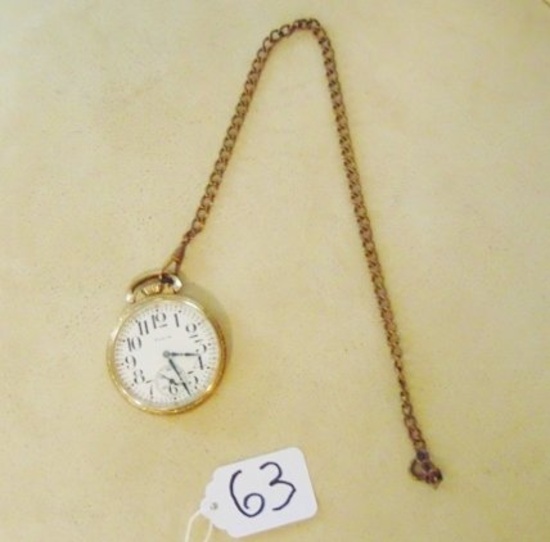 Vtg 1937 Elgin 17 Jewel Pocket Watch In A 10 Kt Rolled Gold Case W/ Chain