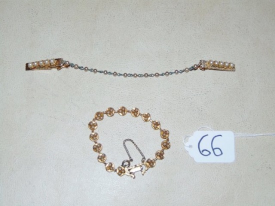 Vtg Mid Century Gold Tone W/ Faux Pearls Sweater / Scarf Clip & Gold Tone Bracelet W/