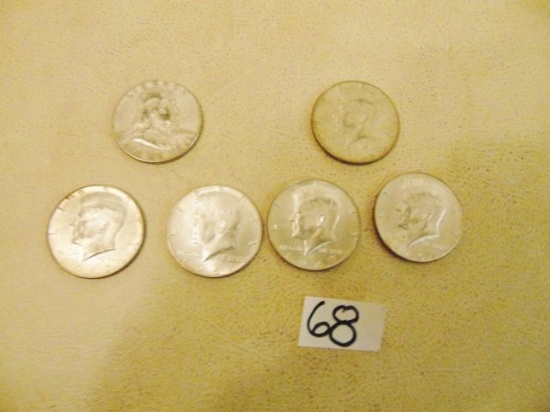One 1960 Franklin Half Dollar, One 1966 Kennedy Half Dollar & 4 1967 Kennedy Half Dollars