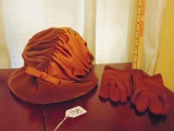 Vtg Ladies Brown Velour Kutz Hat& Almost Matching Gloves
