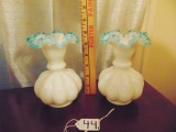 Matching Pair Of Vtg Fenton Vases W/ Melon Bottom & Blue Ruffle Top