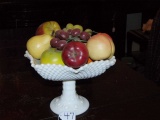 Vtg Milk Glass Centerpiece Compote Fruit Bowl W/ Ceramic Fruit & Plastic Grapes
