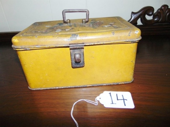 Antique Tin Sewing Box W/ Hand Painted Designs On Top