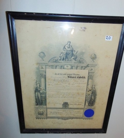 Framed Vtg 1932 Masonic Master Masons Certificate From Bangor, Maine