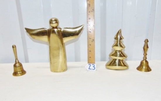 2 Heavy Solid Brass Christmas Angel & Tree Figures & 2 Solid Brass Bells