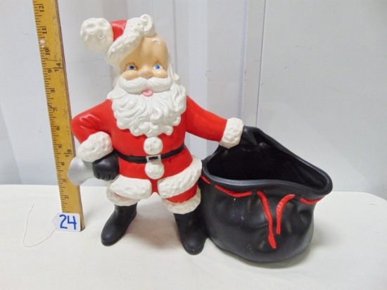 Vtg Ceramic Santa W/ Bag & Bell Planter / Christmas Card Holder / Candy