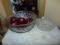 Vtg Heavy Glass Centerpiece Bowl Full Of Red Wooden Apples & A Smaller